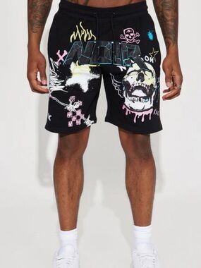Maison Noir Black Graphic Skull Athletic Drawstring Shorts